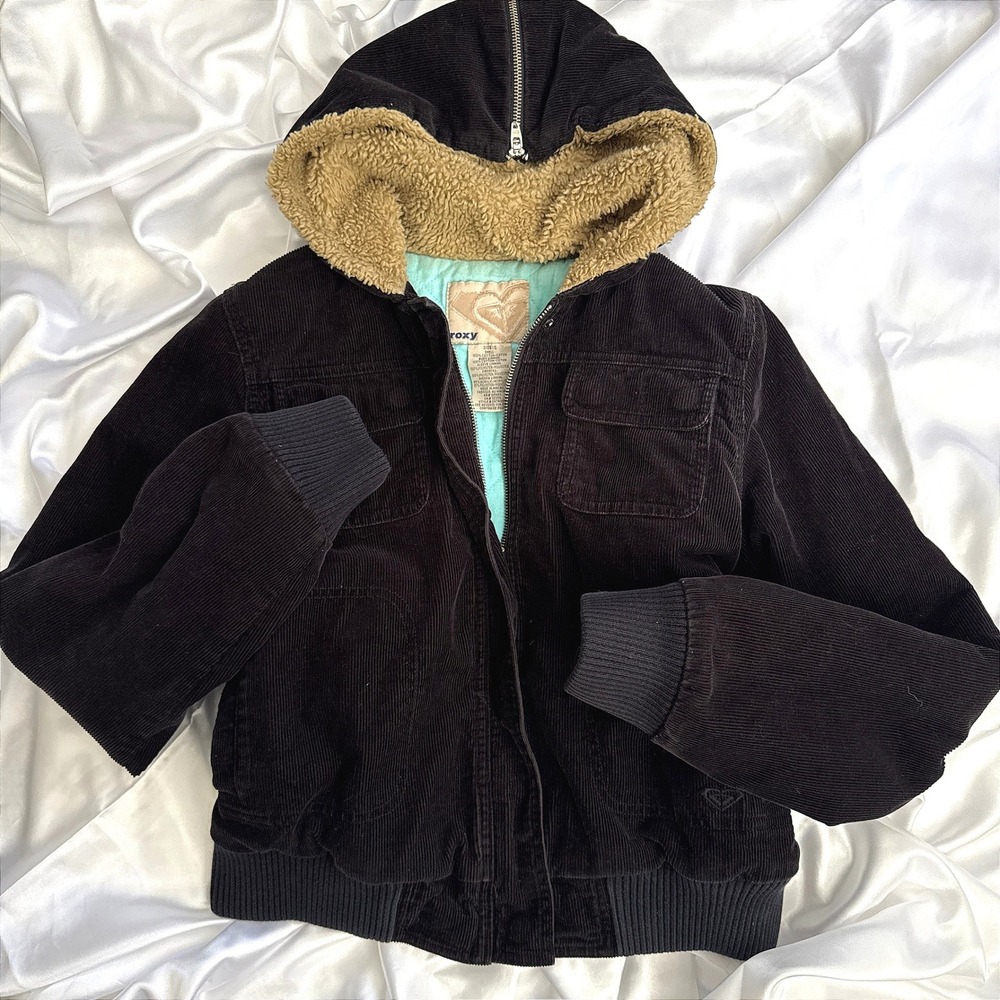 Roxy Womens Corduroy Bomber Jacket Sherpa Hood Quilted Lining Small Y2K